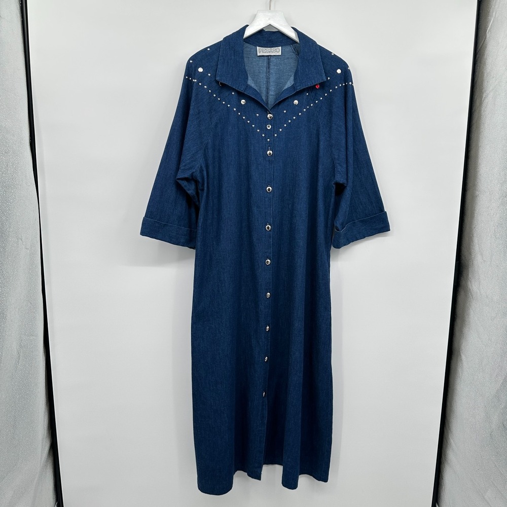 Vintage Denim Midi Dress Large Studded Pockets Western Cottagecore‎ Prairie USA